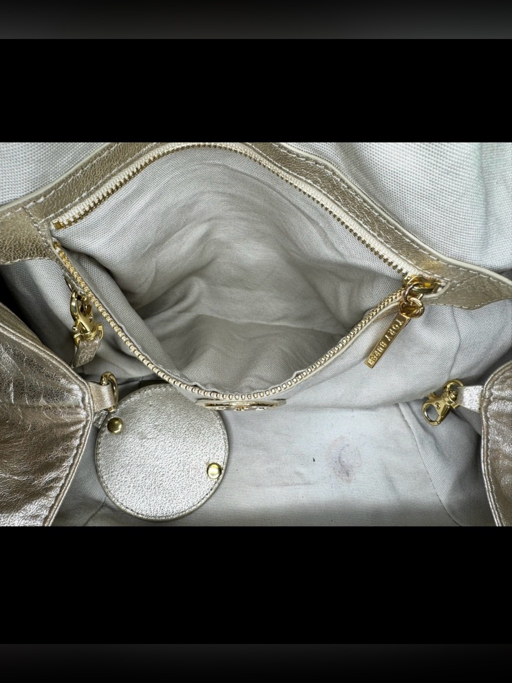 Tory Burch Metallic Gold Leather Shoulder Dean Hobo with Tassel - Picture 12 of 12